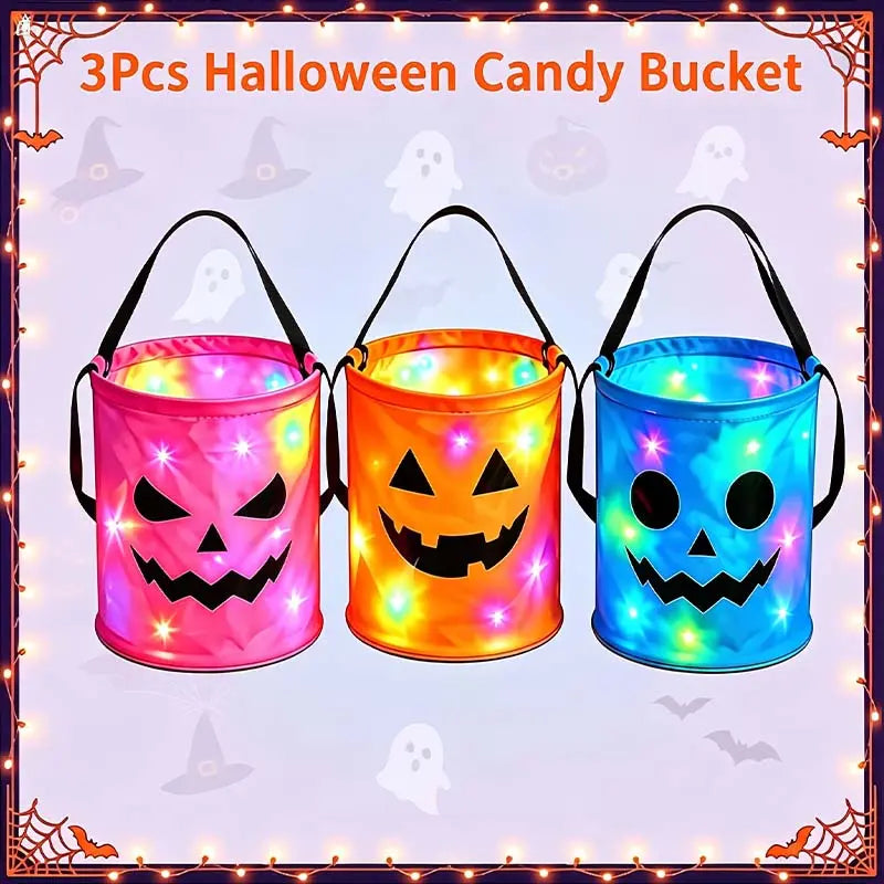 LED Halloween Pumpkin Light Candy Buckets& Non-Woven Goodie Bags (4 Pcs) -Reusable Trick-or-Treat Collectible Gift for Kids- Home Outdoor Decoration Sets