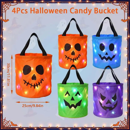 LED Halloween Pumpkin Light Candy Buckets& Non-Woven Goodie Bags (4 Pcs) -Reusable Trick-or-Treat Collectible Gift for Kids- Home Outdoor Decoration Sets
