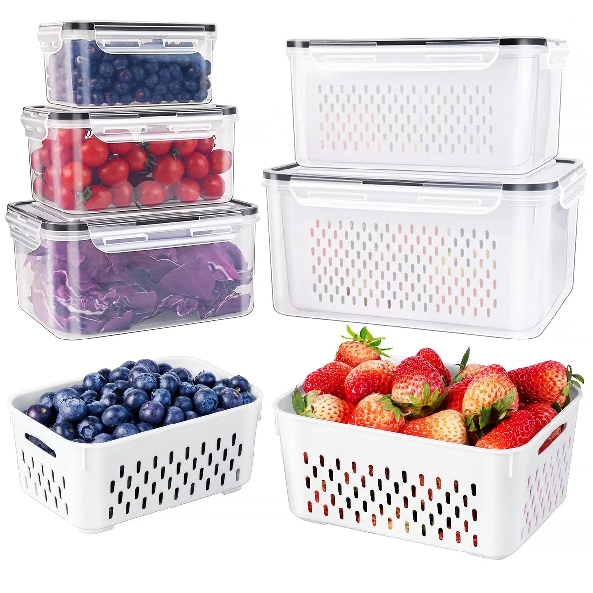 5 Pack Fridge Organizers and Storage - Stackable Fruit Storage Containers for Fridgewith Removable Colander, FoodStorage Container for Salad Berry LettuceVegetables Meat Keeper Fresh