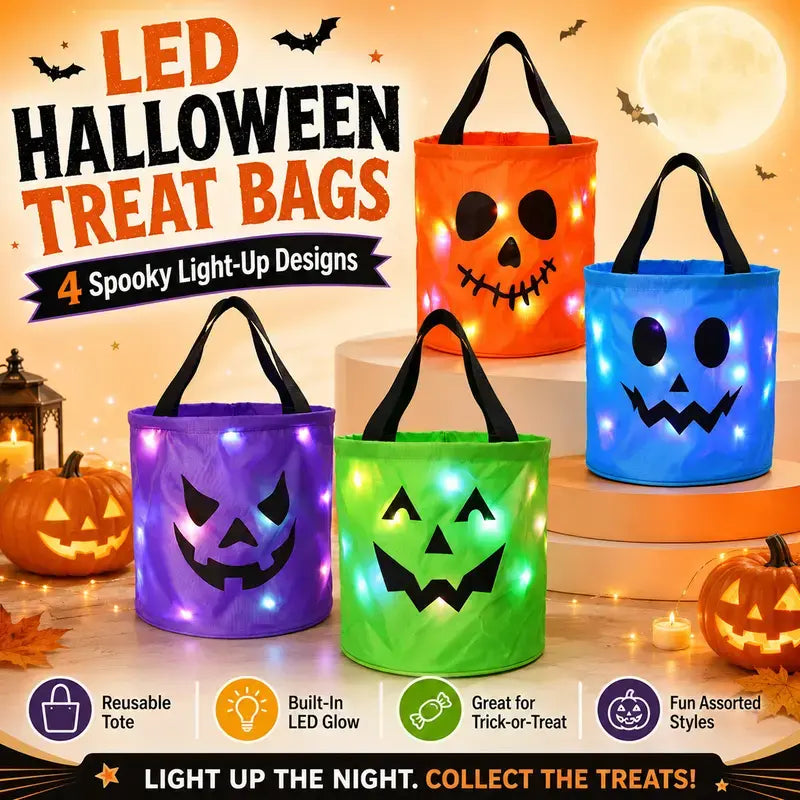 LED Halloween Pumpkin Light Candy Buckets& Non-Woven Goodie Bags (4 Pcs) -Reusable Trick-or-Treat Collectible Gift for Kids- Home Outdoor Decoration Sets