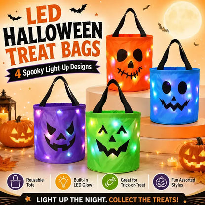 LED Halloween Pumpkin Light Candy Buckets& Non-Woven Goodie Bags (4 Pcs) -Reusable Trick-or-Treat Collectible Gift for Kids- Home Outdoor Decoration Sets