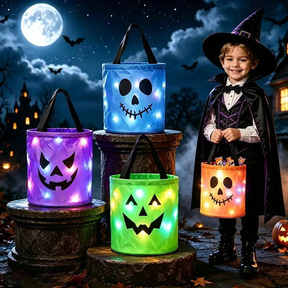 LED Halloween Pumpkin Light Candy Buckets& Non-Woven Goodie Bags (4 Pcs) -Reusable Trick-or-Treat Collectible Gift for Kids- Home Outdoor Decoration Sets