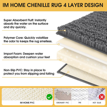 Upgrade Extra Large BathroomRug Set Ultra Soft, Thick Absorbent Bath Mats,Non Slip Chenille Toilet Mat for Bathroom,Bedroom, Kitchen