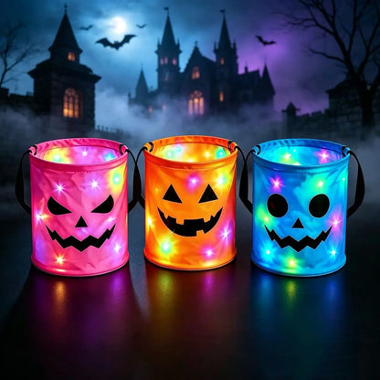 LED Halloween Pumpkin Light Candy Buckets& Non-Woven Goodie Bags (4 Pcs) -Reusable Trick-or-Treat Collectible Gift for Kids- Home Outdoor Decoration Sets