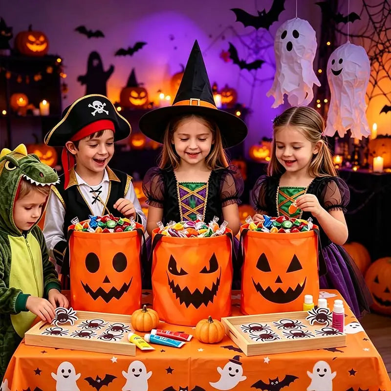 LED Halloween Pumpkin Light Candy Buckets& Non-Woven Goodie Bags (4 Pcs) -Reusable Trick-or-Treat Collectible Gift for Kids- Home Outdoor Decoration Sets