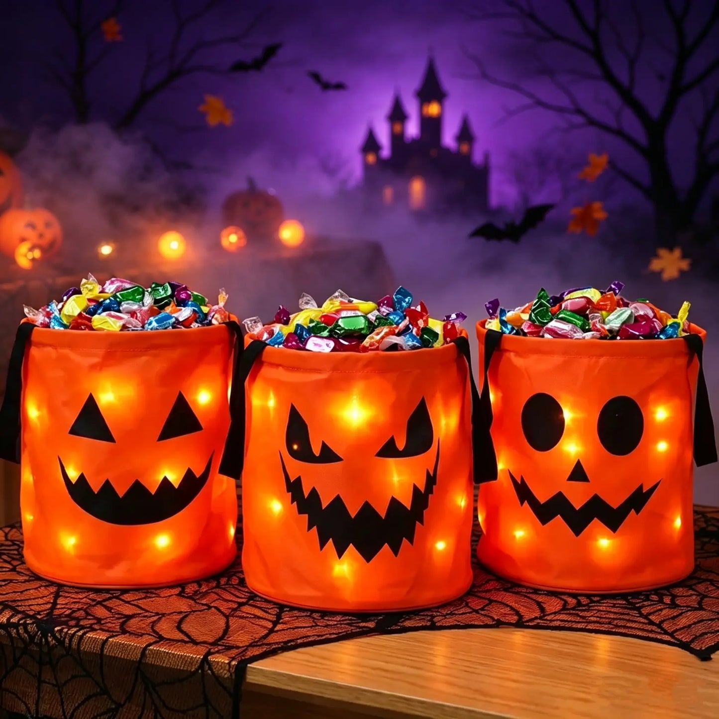 LED Halloween Pumpkin Light Candy Buckets& Non-Woven Goodie Bags (4 Pcs) -Reusable Trick-or-Treat Collectible Gift for Kids- Home Outdoor Decoration Sets