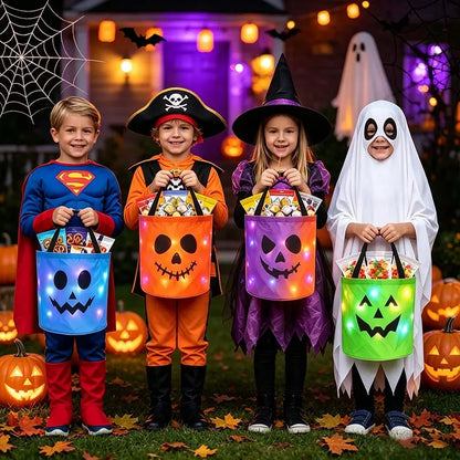 LED Halloween Pumpkin Light Candy Buckets& Non-Woven Goodie Bags (4 Pcs) -Reusable Trick-or-Treat Collectible Gift for Kids- Home Outdoor Decoration Sets